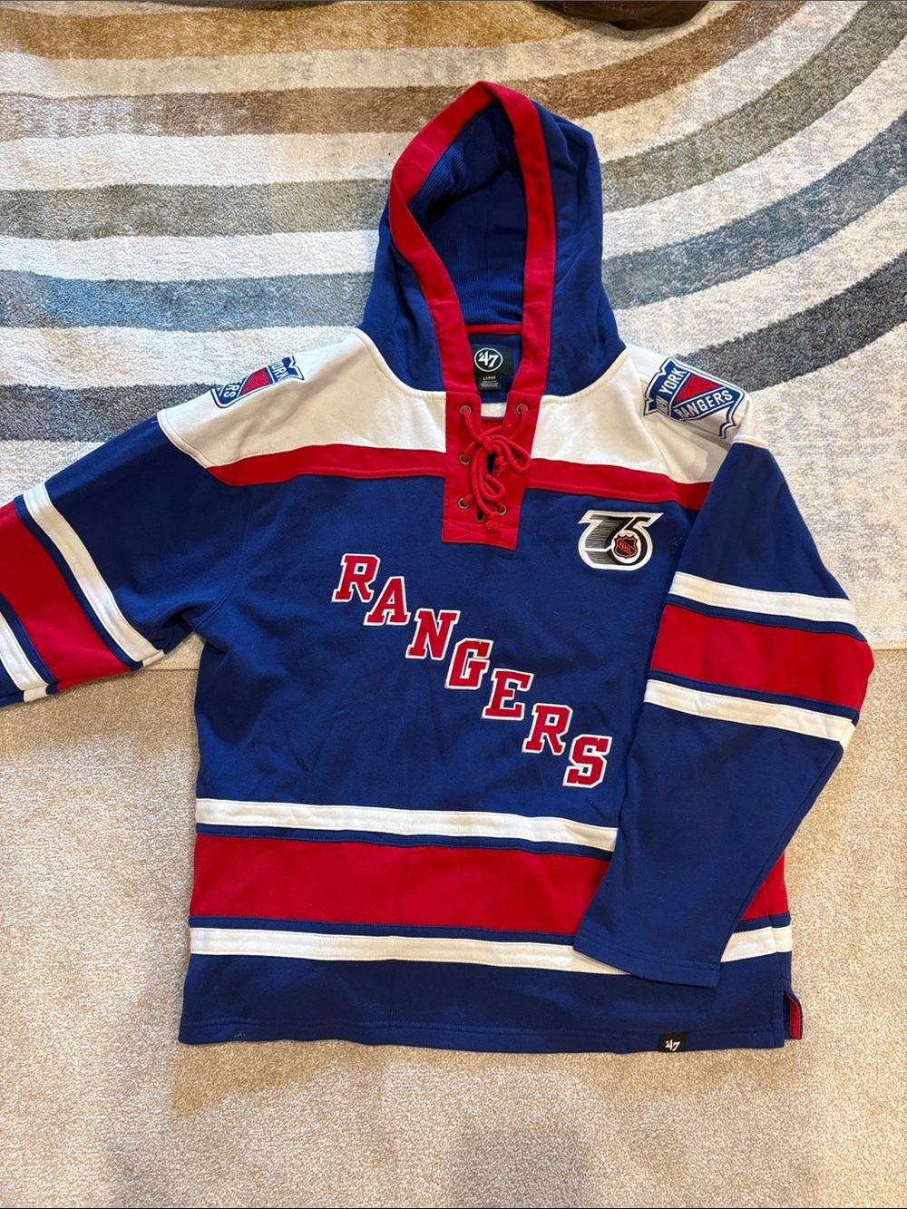47 New York Rangers Blue Red & White Hooded Hockey Sweatshirt